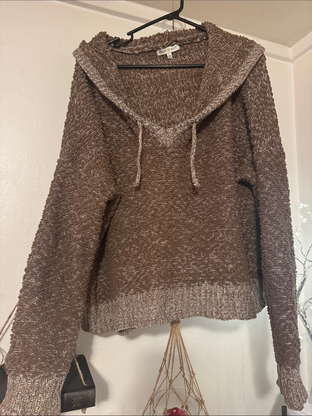 Woven Heart Brown Hooded Chenille Pullover